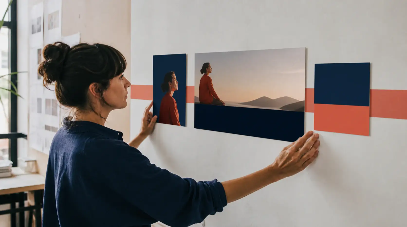 Campaign editor aligning visual frames along one continuous coral line