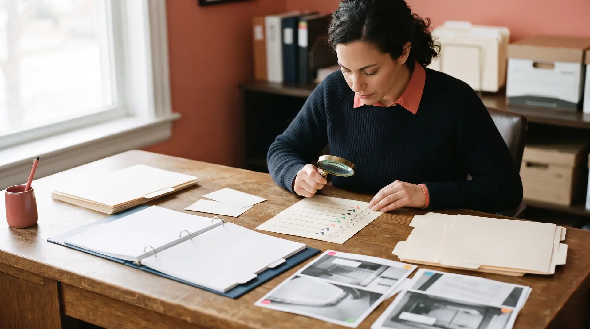 Search strategist checking source documents beside a laptop