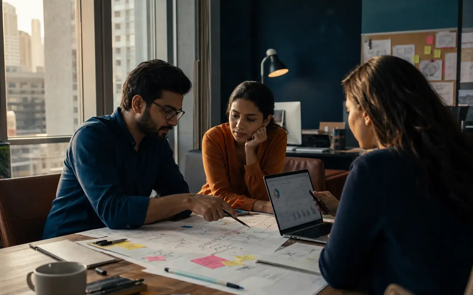Three colleagues at a table annotating a large printed workflow diagram covered in sticky notes, beside a laptop showing campaign dashboards