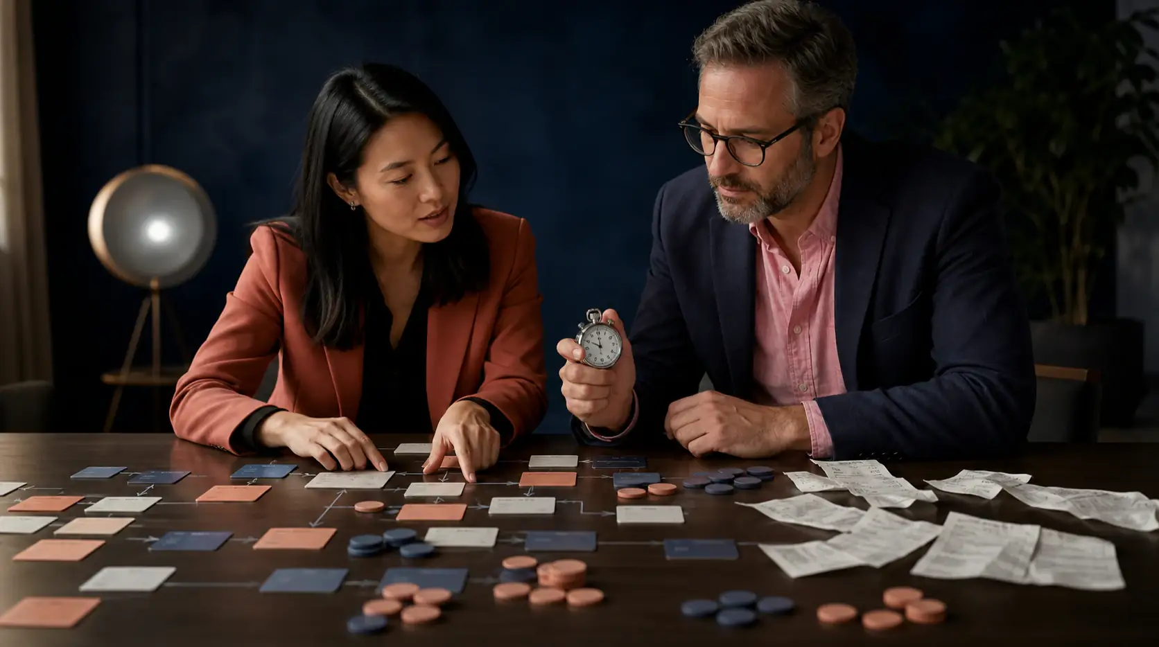 Marketing engineer and finance partner reviewing workflow timing and cost