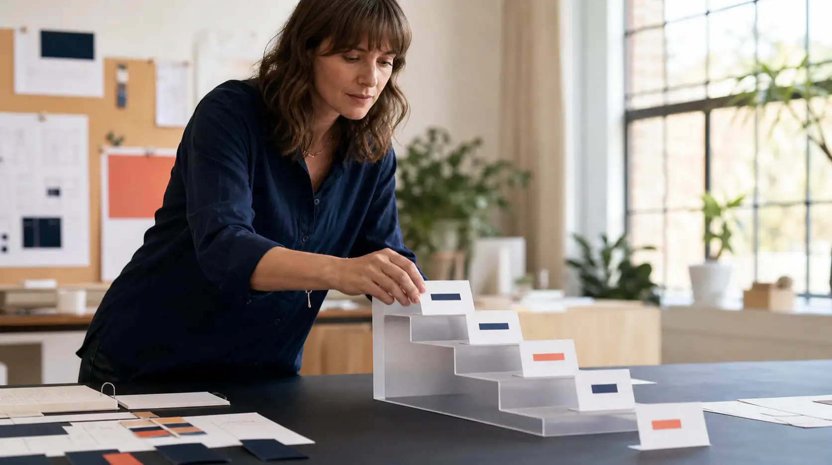 Service designer arranging form stages on a small physical staircase