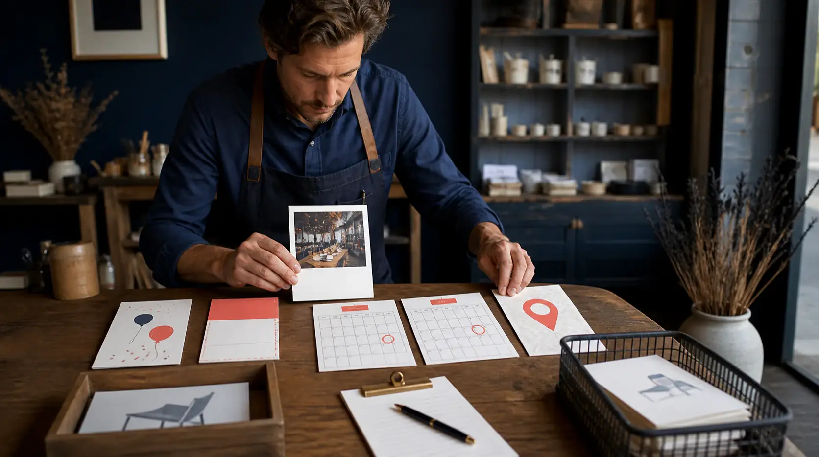 Shop owner preparing an event update with dates, approved media and a retirement tray
