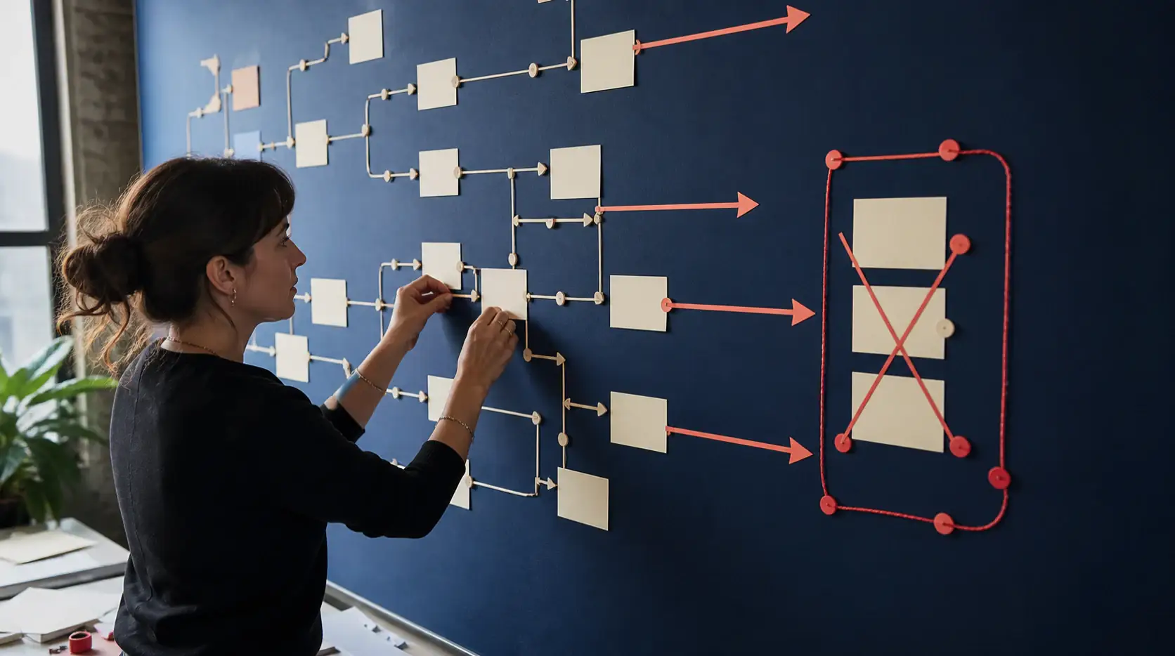 Information architect resolving conflicting URL routes on a wall-sized routing board