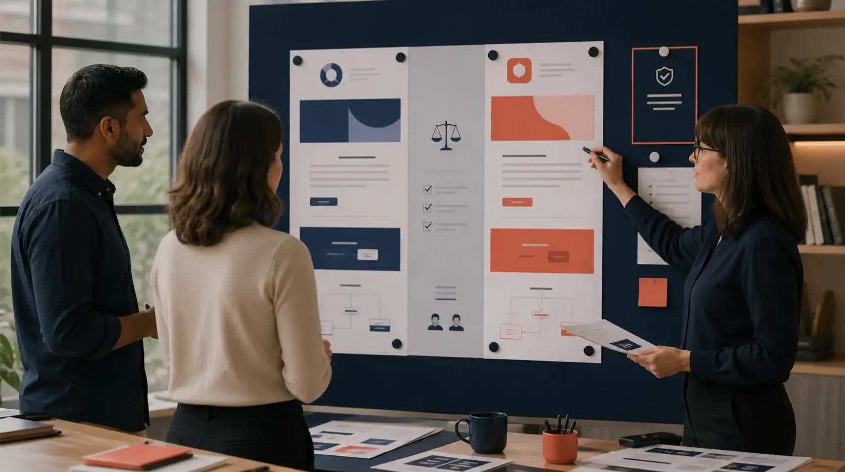 Two partner marketers and an editor reviewing a co-branded landing page proof board