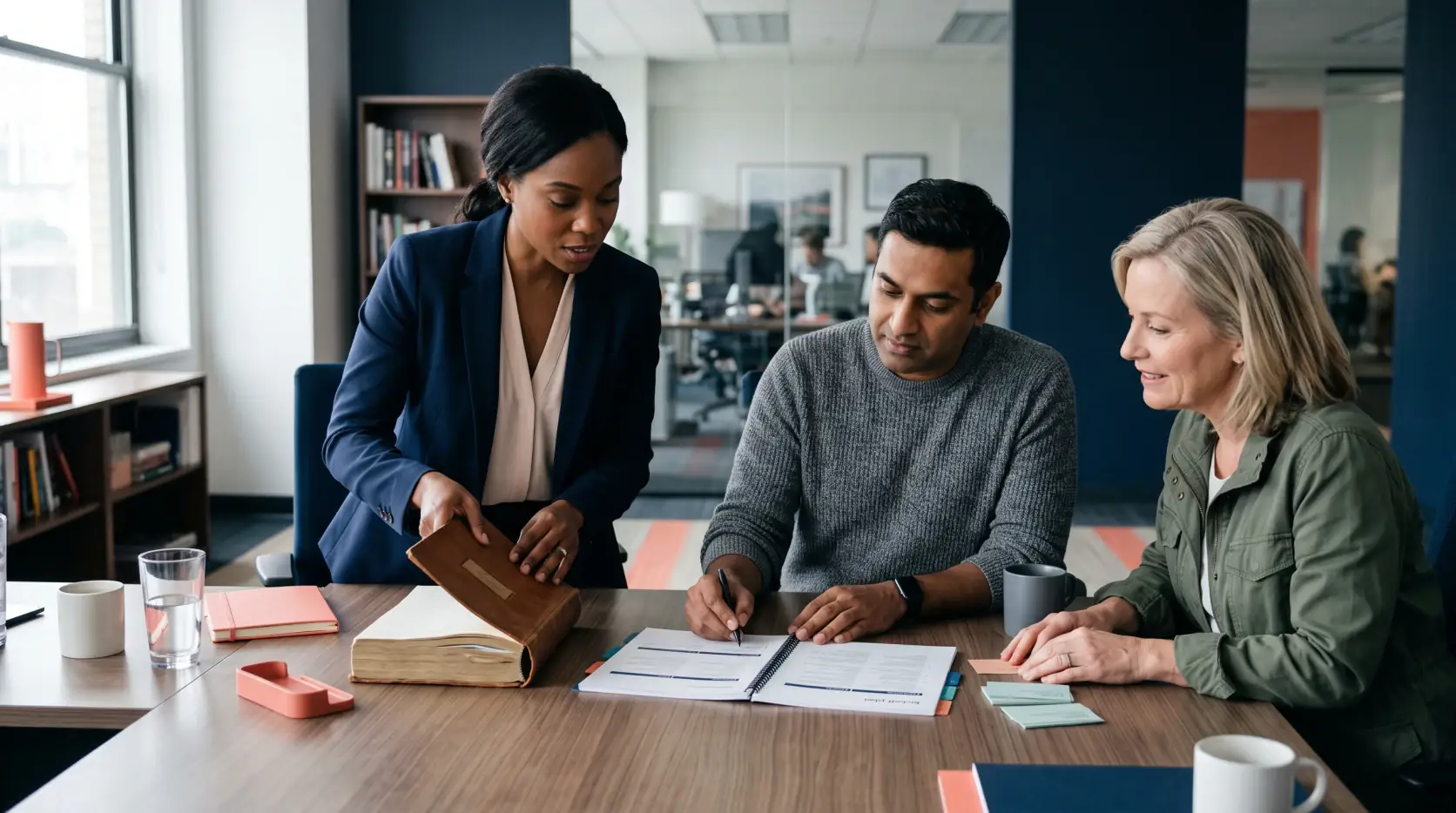 Three colleagues reviewing a tabbed, ring-bound handover document at an office table