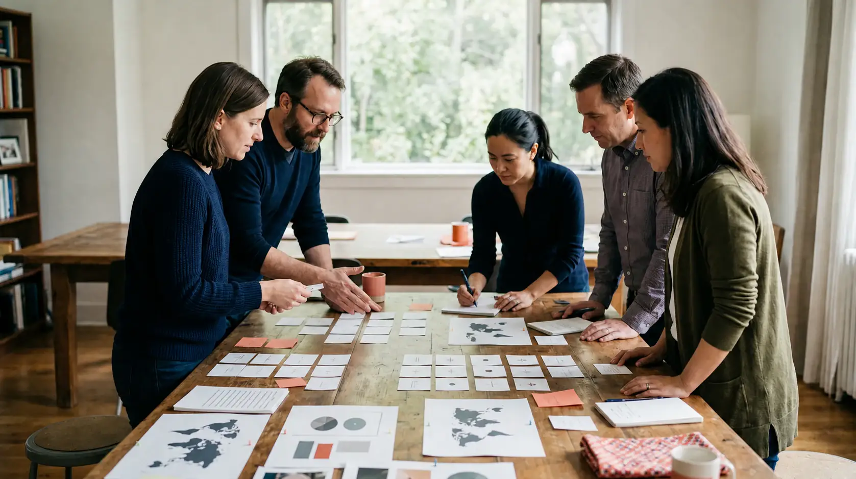 Strategist assembling a country-page evidence board with maps, photographs, and abstract diagrams