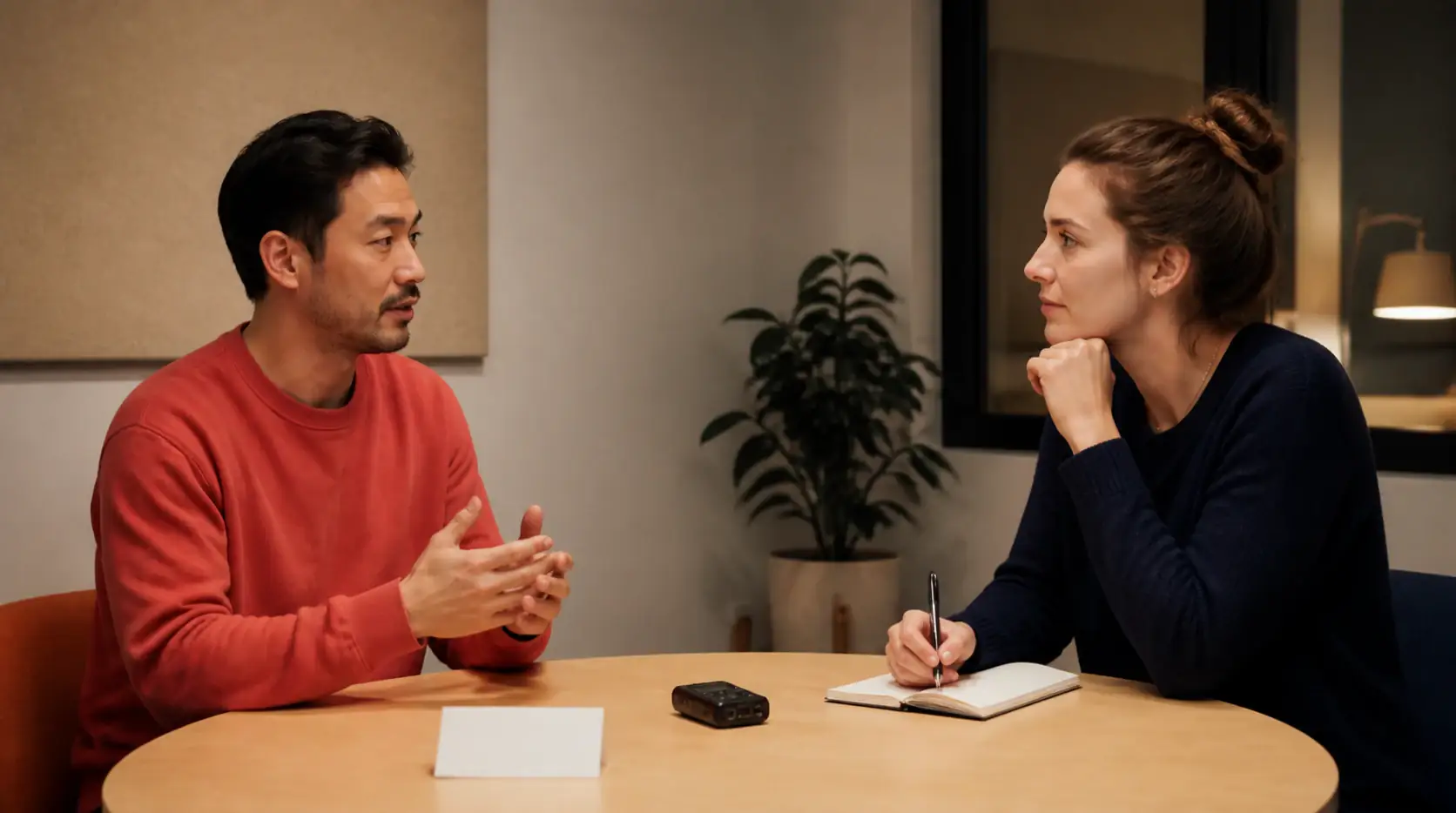 Researcher listening to a customer in a quiet interview room