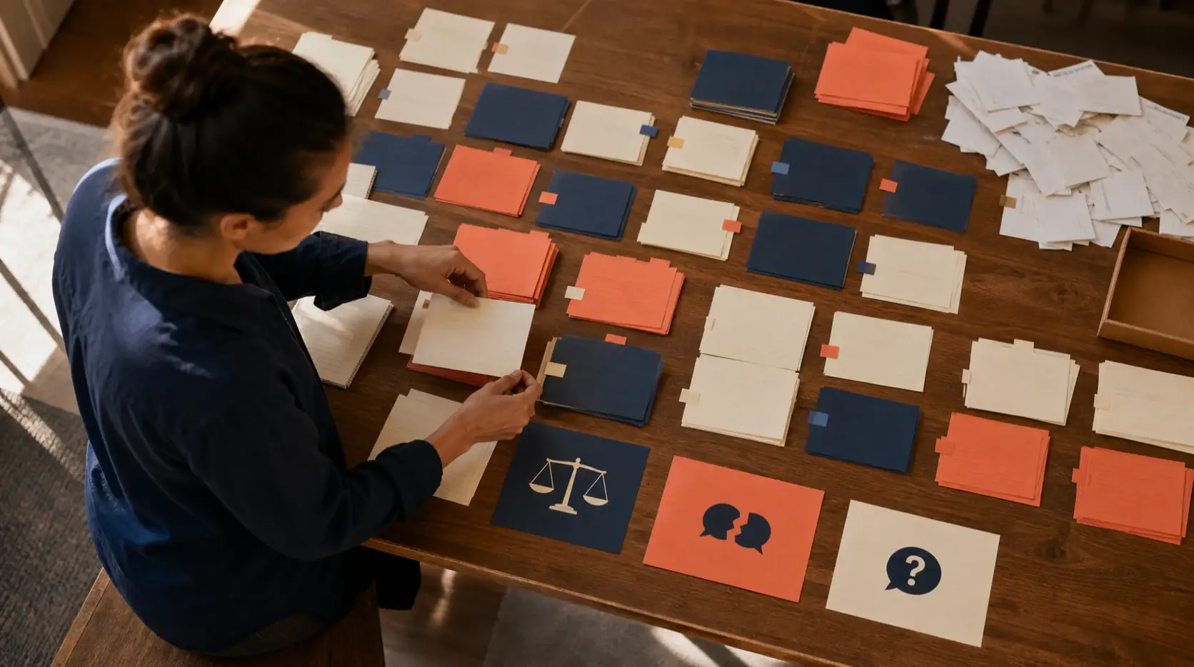 Analyst sorting anonymized customer review cards into evidence groups