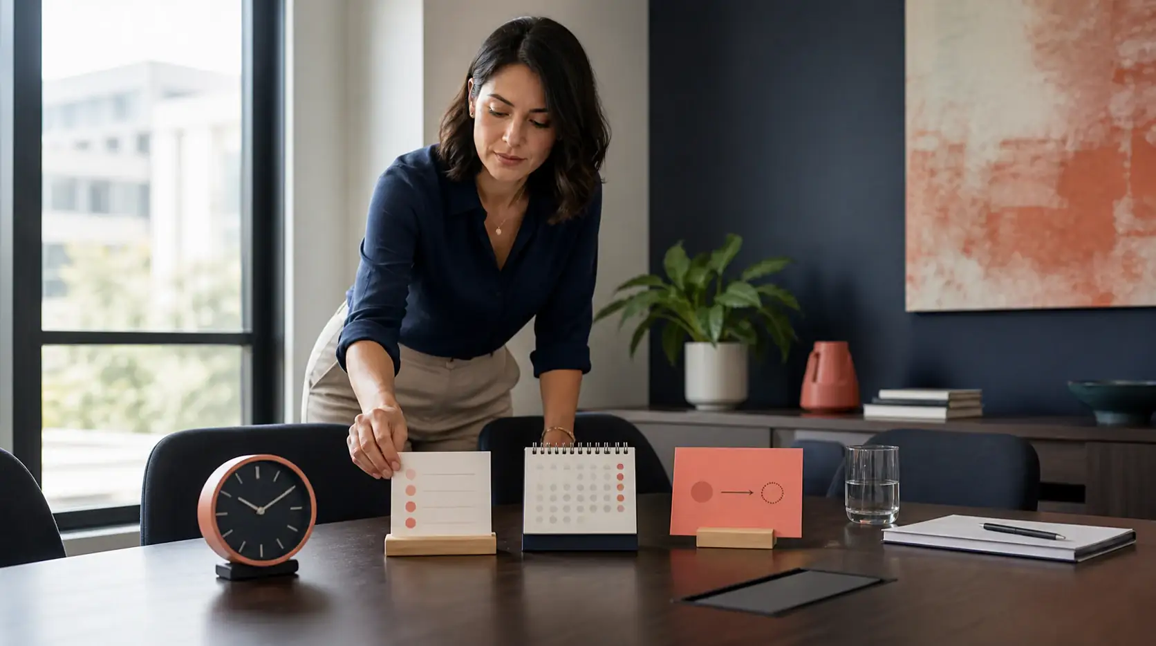 Coordinator preparing an agenda, clock and calendar in an empty meeting room