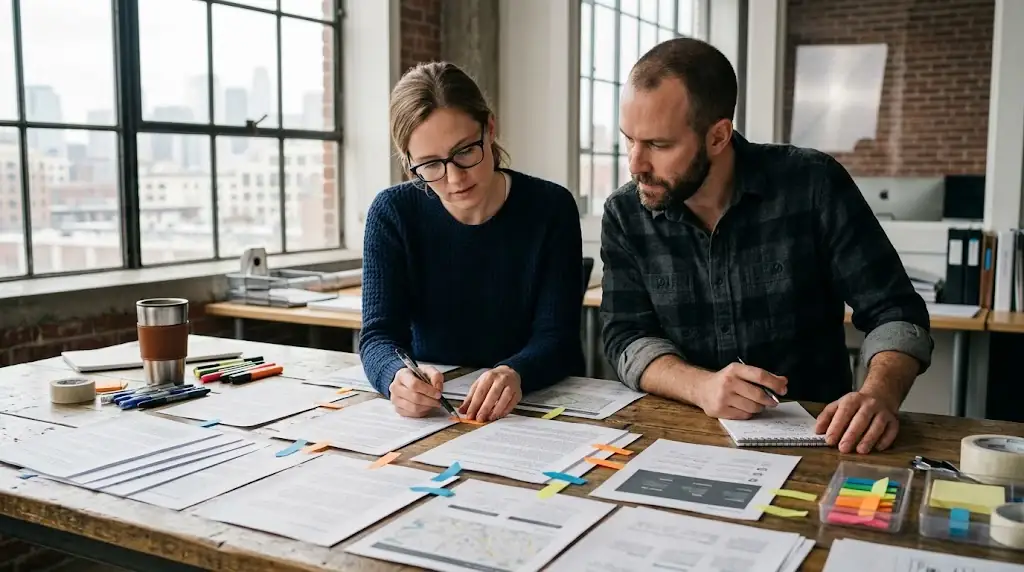 SEO editor and developer comparing regional page drafts across a working table
