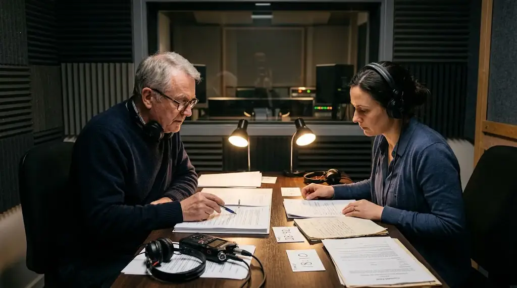 Editor and subject expert reviewing a transcript and source documents together