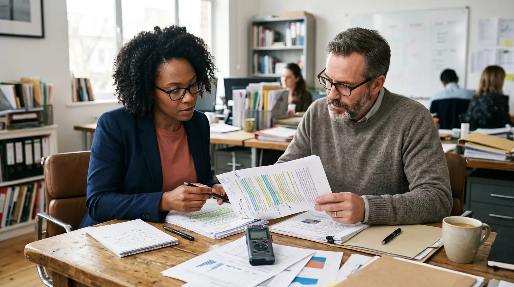 Editor and subject-matter expert checking a recorded interview against highlighted source pages