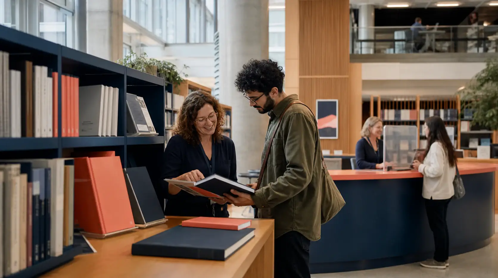 Librarian helping a visitor compare open research with an optional registration desk nearby