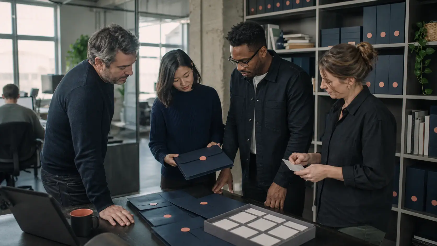 Cross-functional team reviewing a structured archive of GTM experiments
