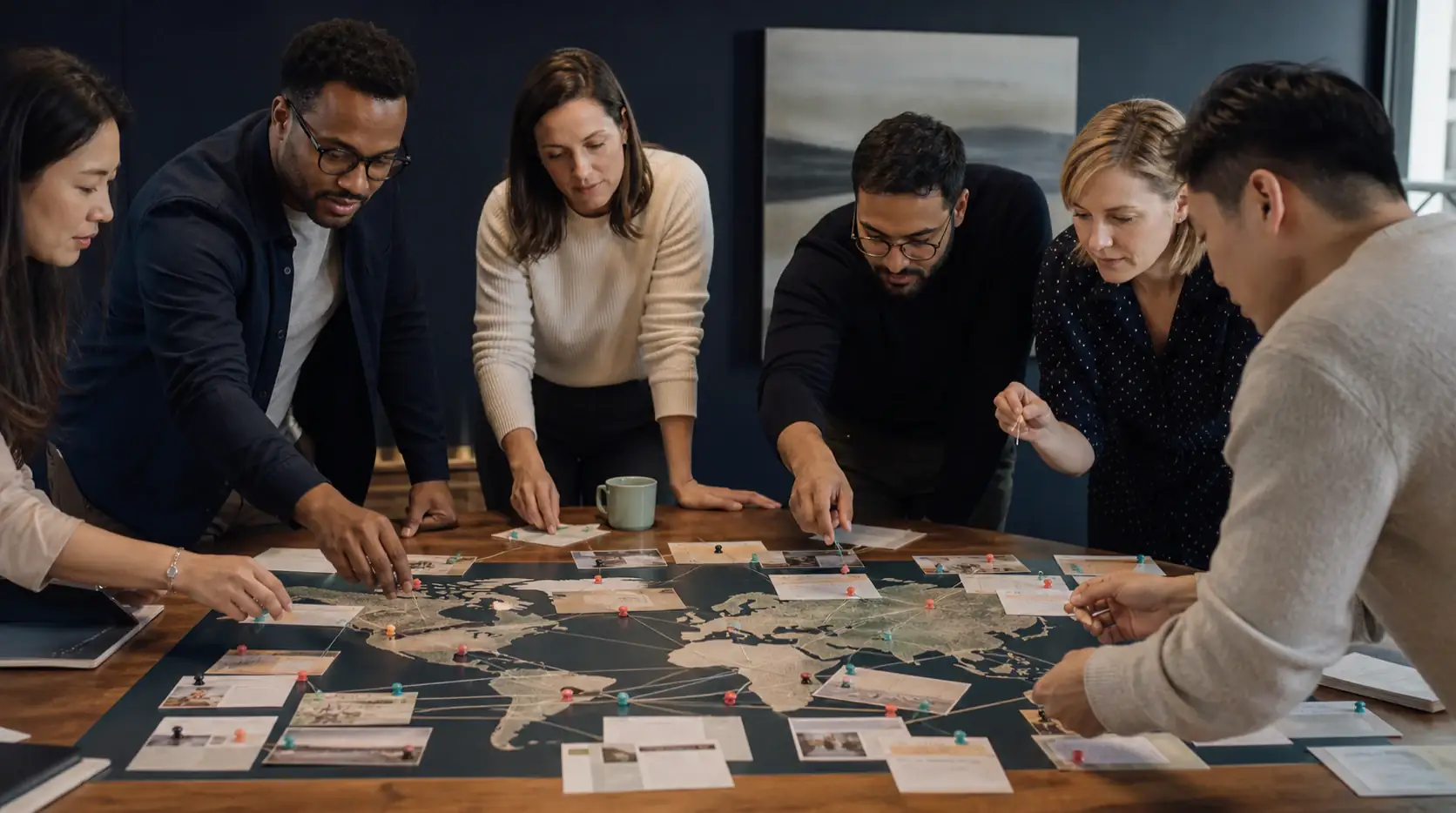 Localization team connecting regional page cards across a large world map