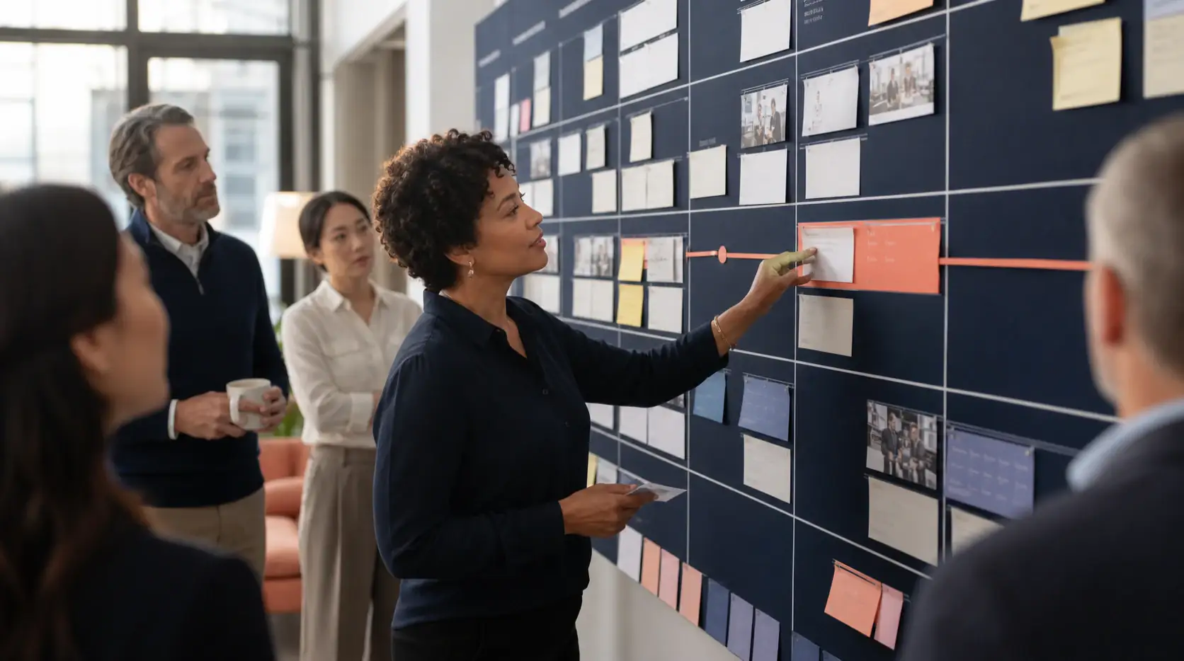 Project operations team reviewing evidence and one delayed item on a status wall