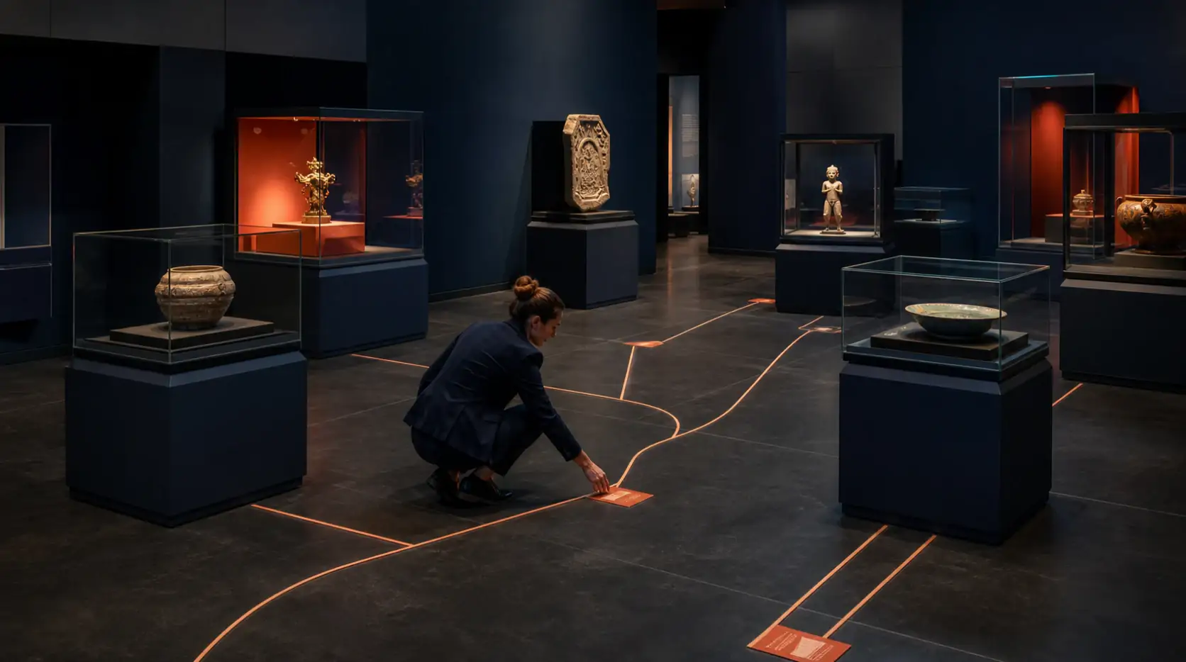Museum curator designing clear pathways between distinct exhibits