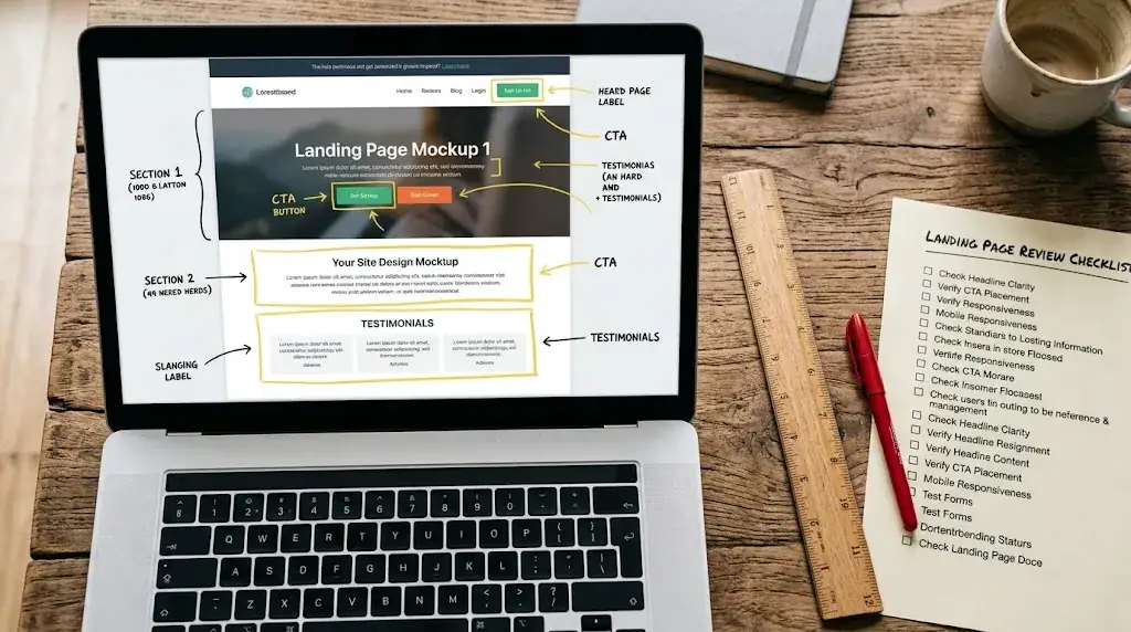 A laptop showing an annotated landing page mockup with callouts, next to a ruler, red pen, and a printed review checklist