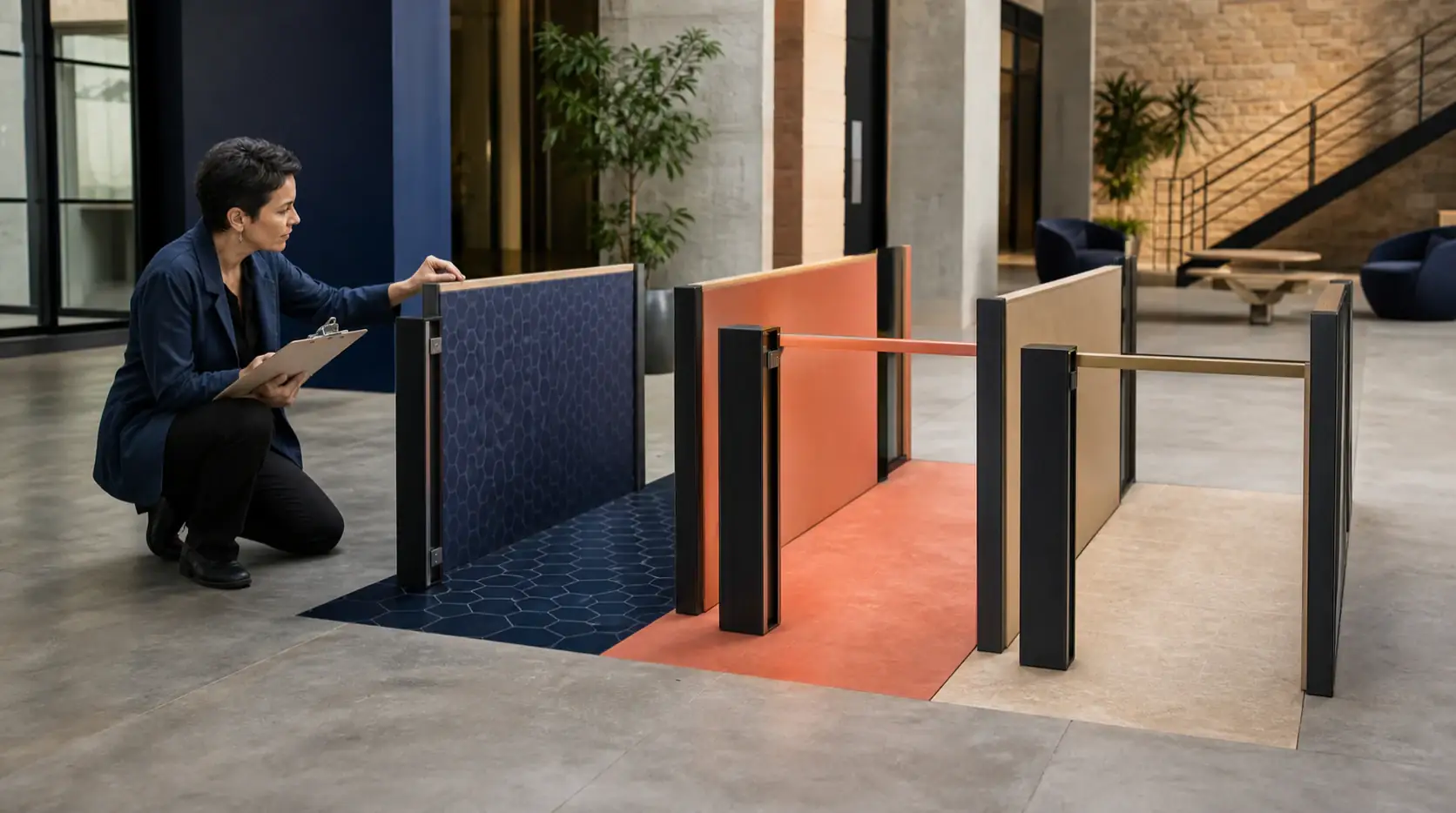 Accessibility specialist testing several entry lanes with different safeguards