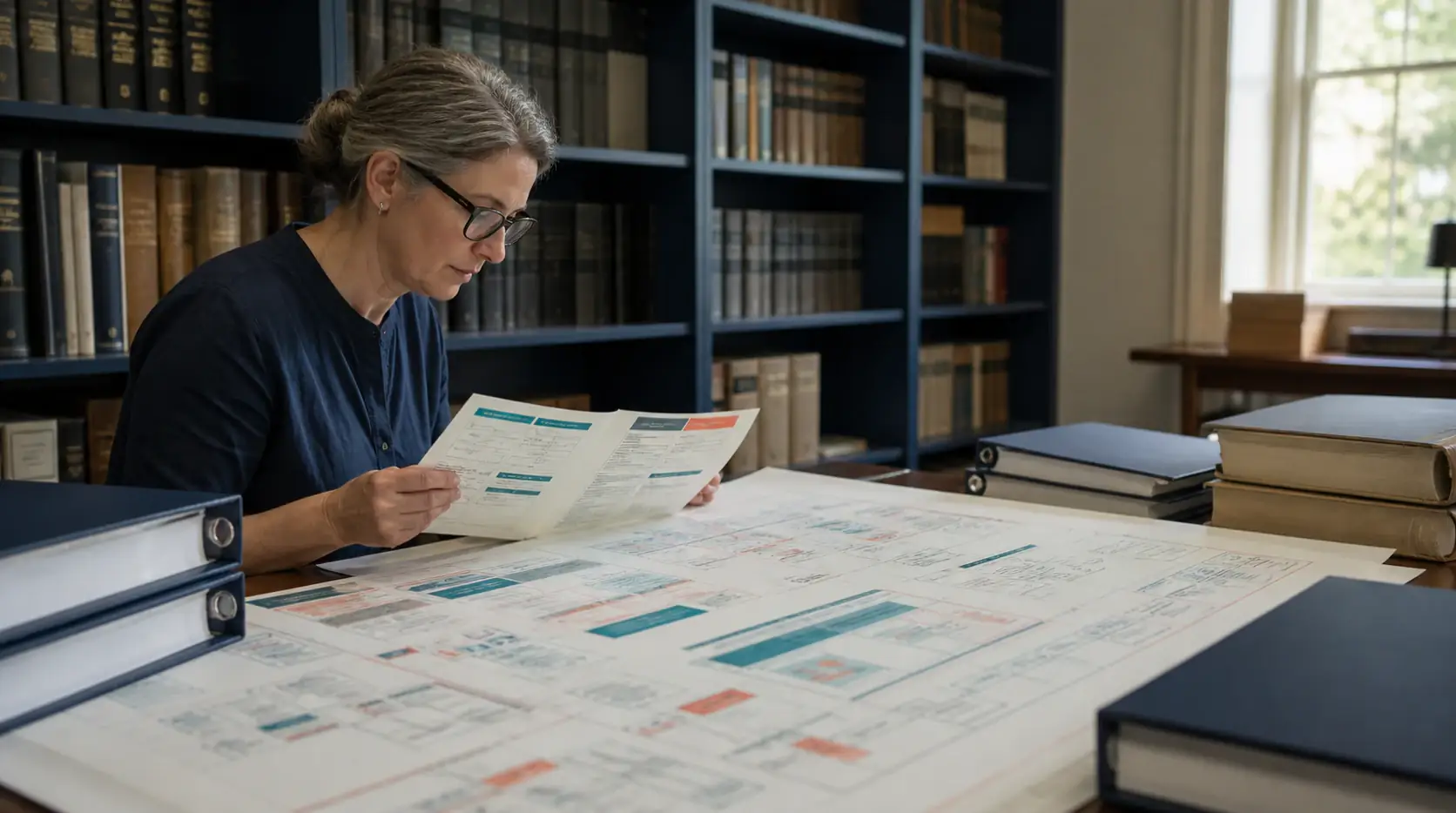 Technical archivist preparing a concise field guide beside a large website blueprint