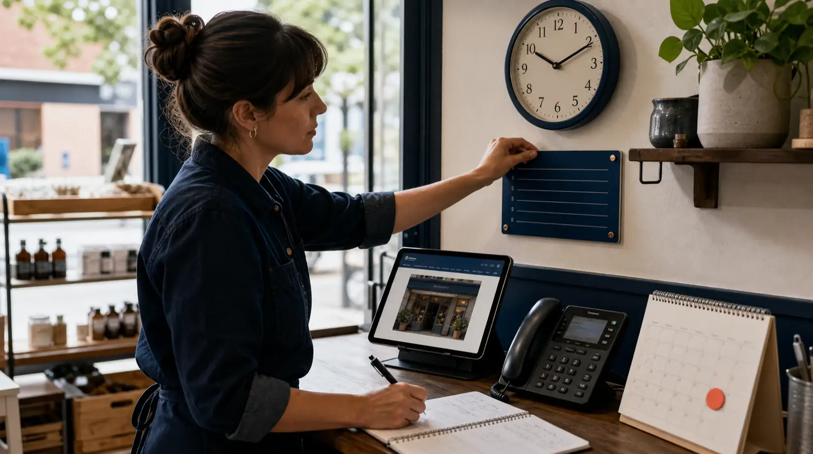 Shop operations coordinator synchronizing a clock, storefront schedule, website, phone and calendar