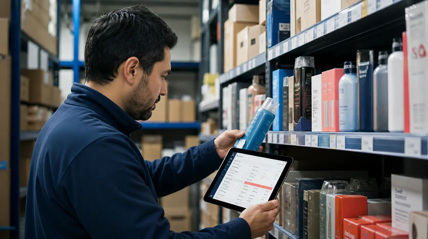 Retail inventory manager checking a shelf item and price against a local feed