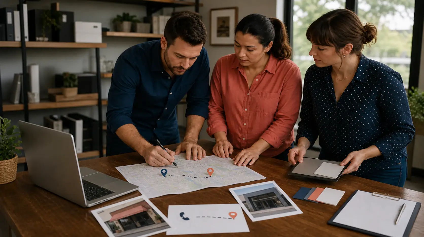 Operations team mapping customer contact and directions from an old storefront to a new one