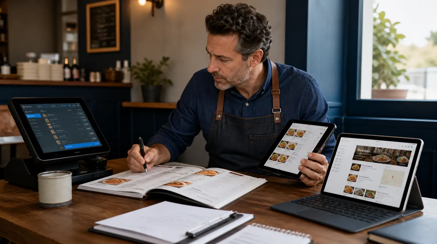 Manager reconciling a printed menu, point of sale, website and local profile catalog