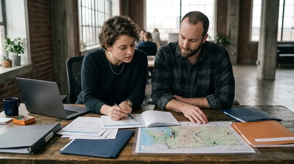 Marketing analyst and sales operations manager reconciling local search records with CRM outcomes