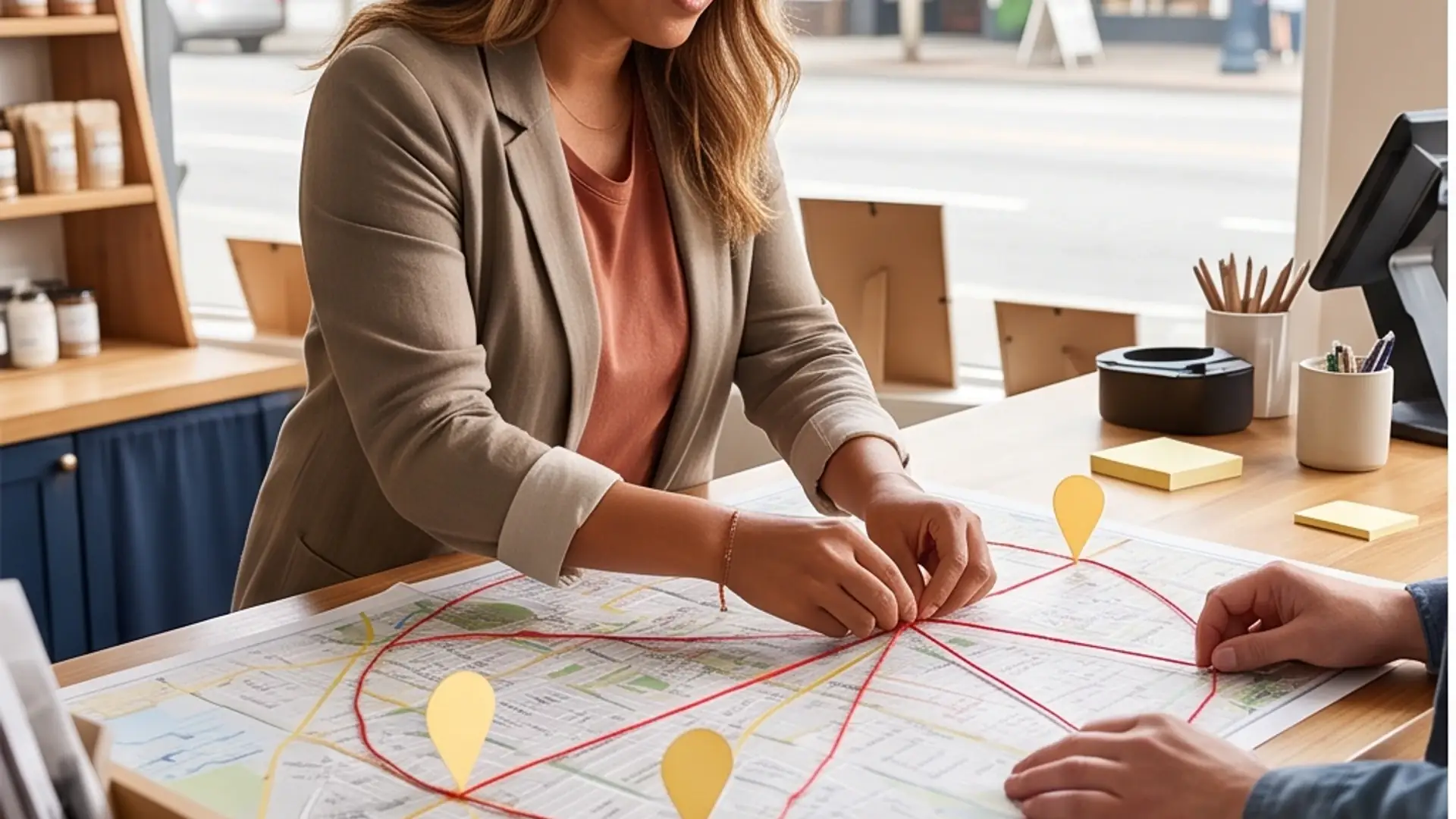 A shop owner marking a printed street map with red thread radiating from a central pin and yellow location markers