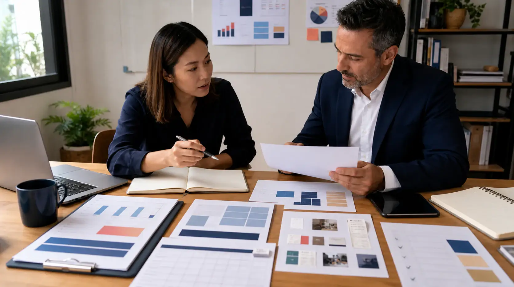 Two colleagues at a table reviewing printed charts, color specimen sheets and a checklist