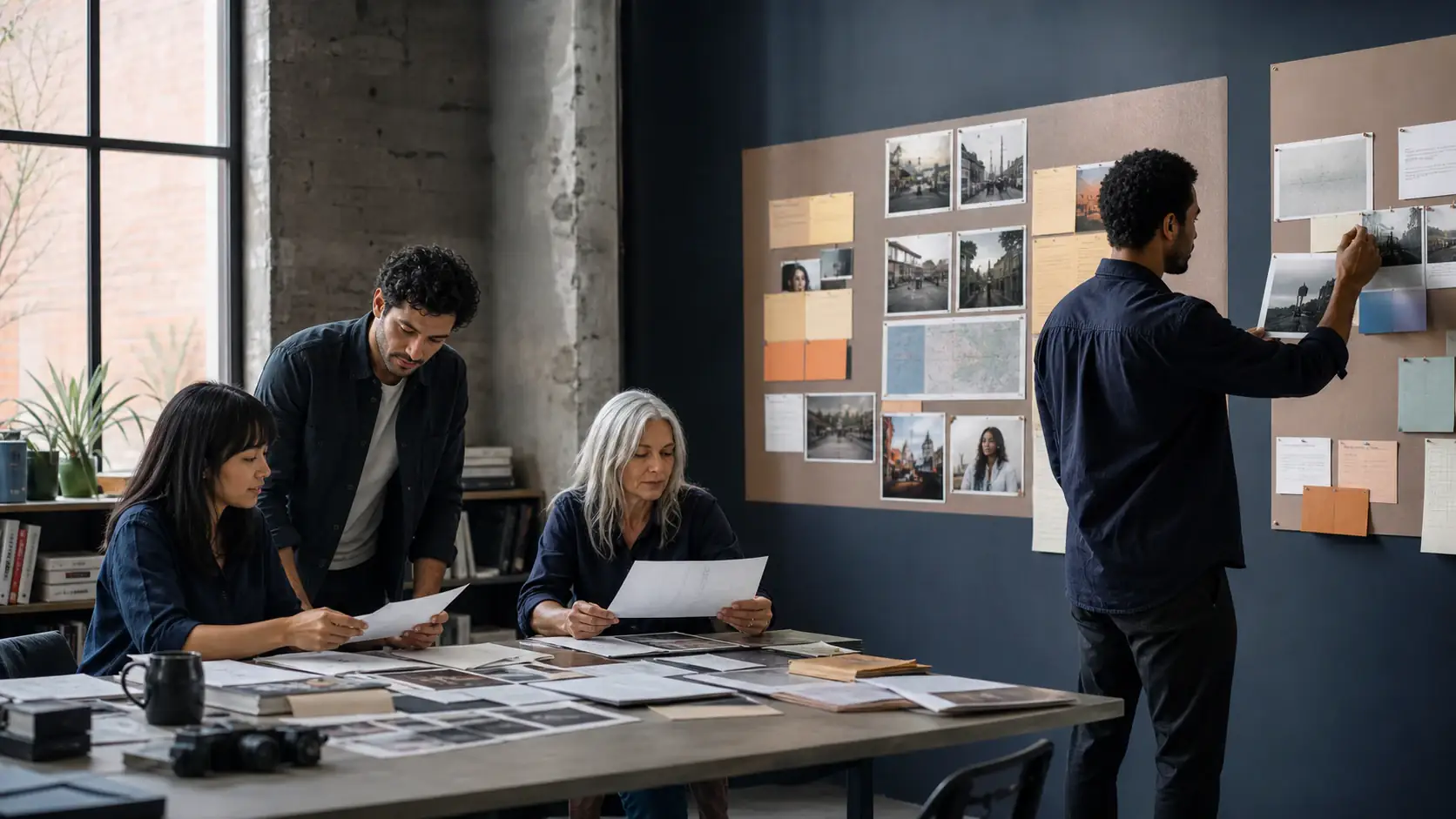 Distributed editorial team reviewing local photographs and source packets in a newsroom