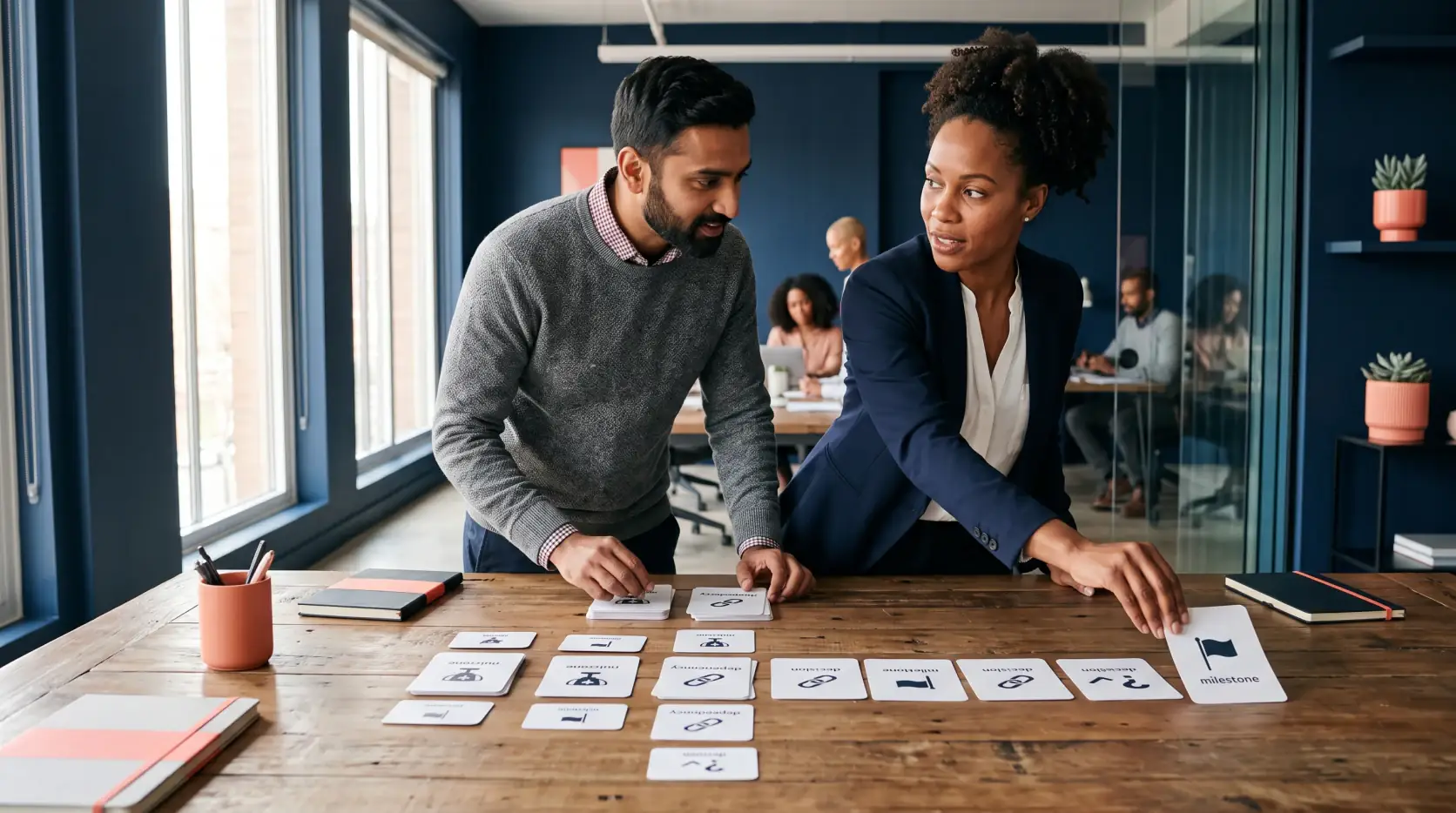 Buyer leading a shared planning session with outcomes, dependencies and milestones