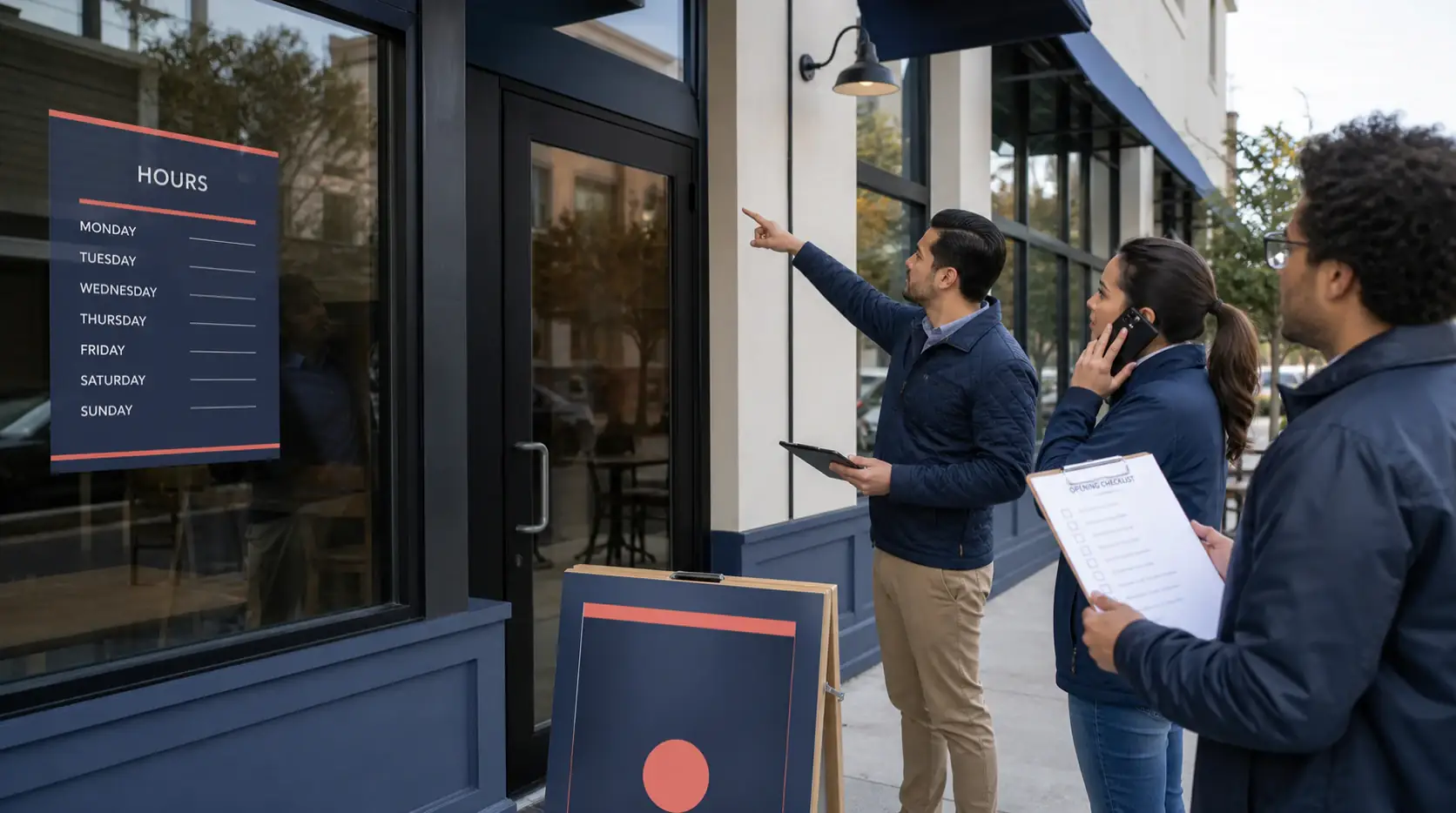 Opening team verifying entrance, signage, phone and hours at a nearly ready storefront