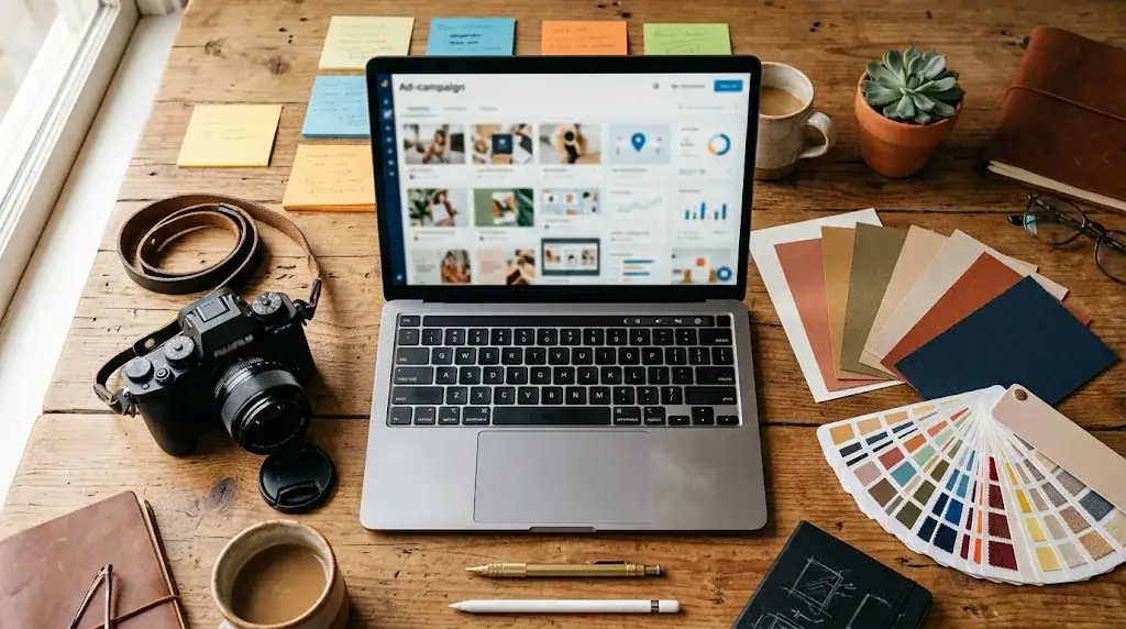Overhead view of a laptop showing an ad campaign dashboard with creative thumbnails, next to a camera, color swatches, and sticky notes