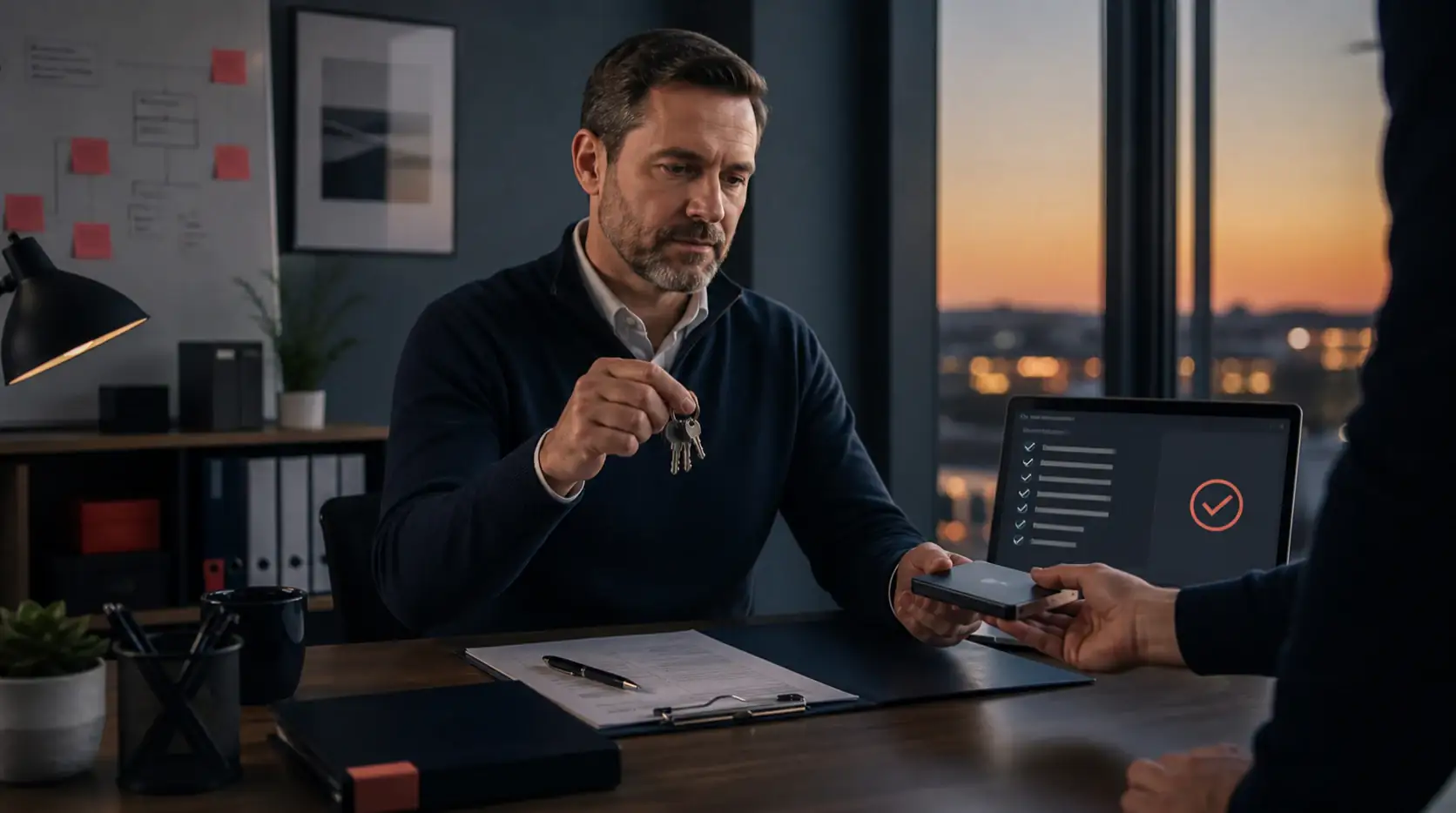 Operations owner collecting keys, returning files and verifying partner access removal
