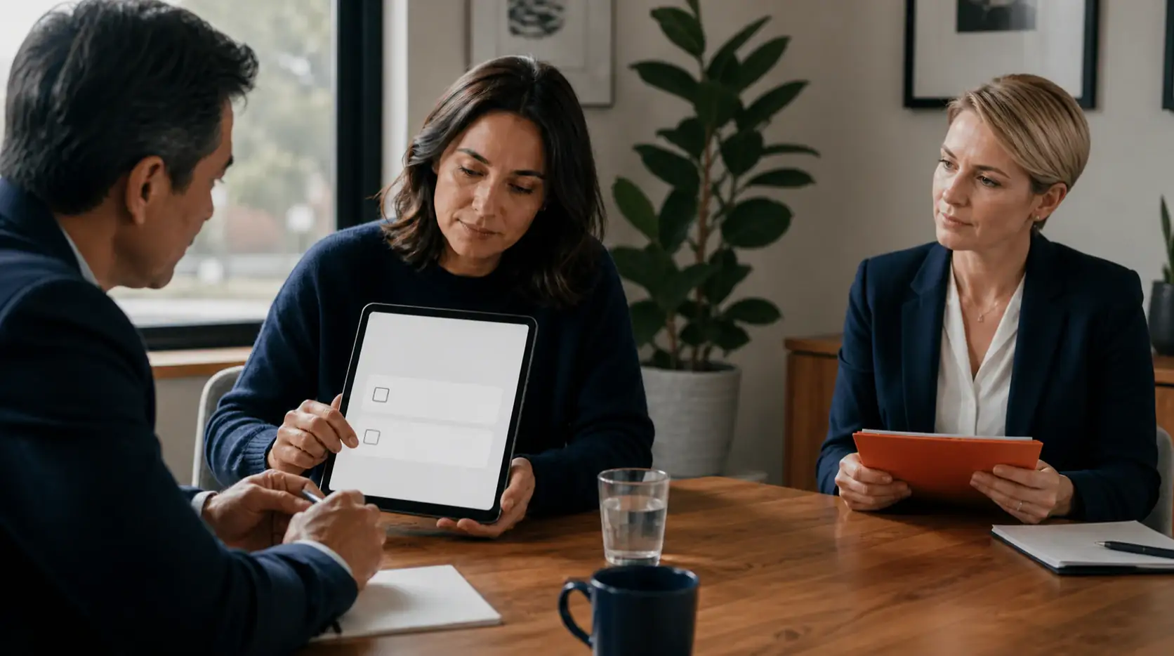 Buyer reviewing a referral choice while an adviser and specialist prepare a minimal handoff