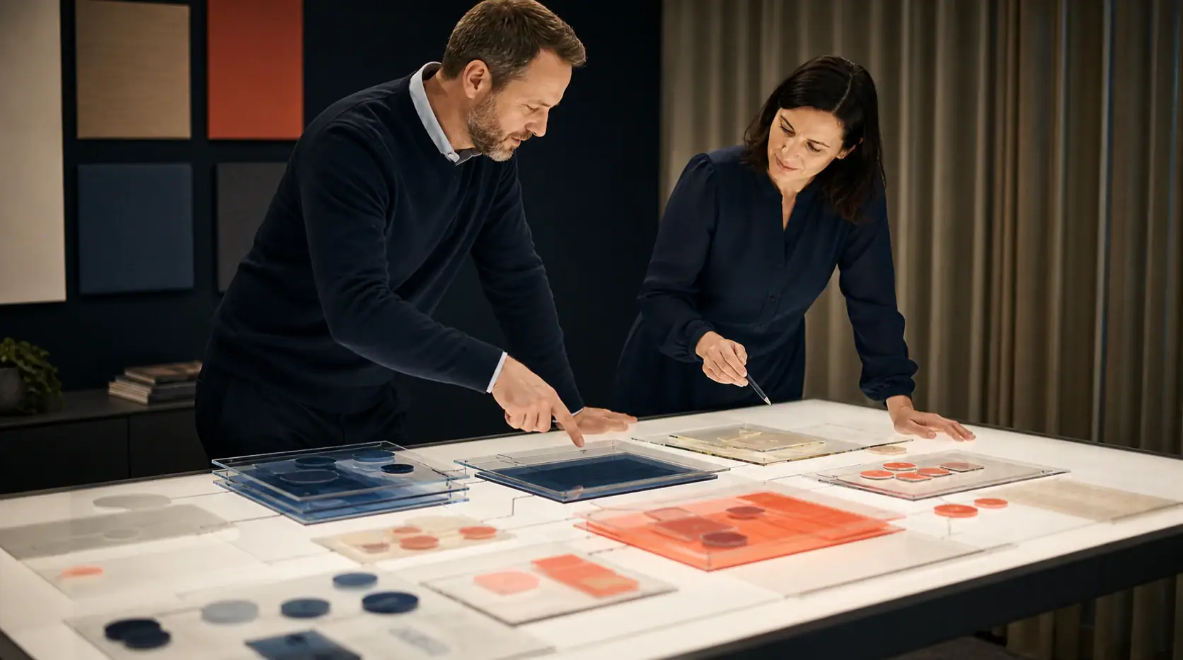 Buyer and consultant reviewing transparent pricing layers on a light table