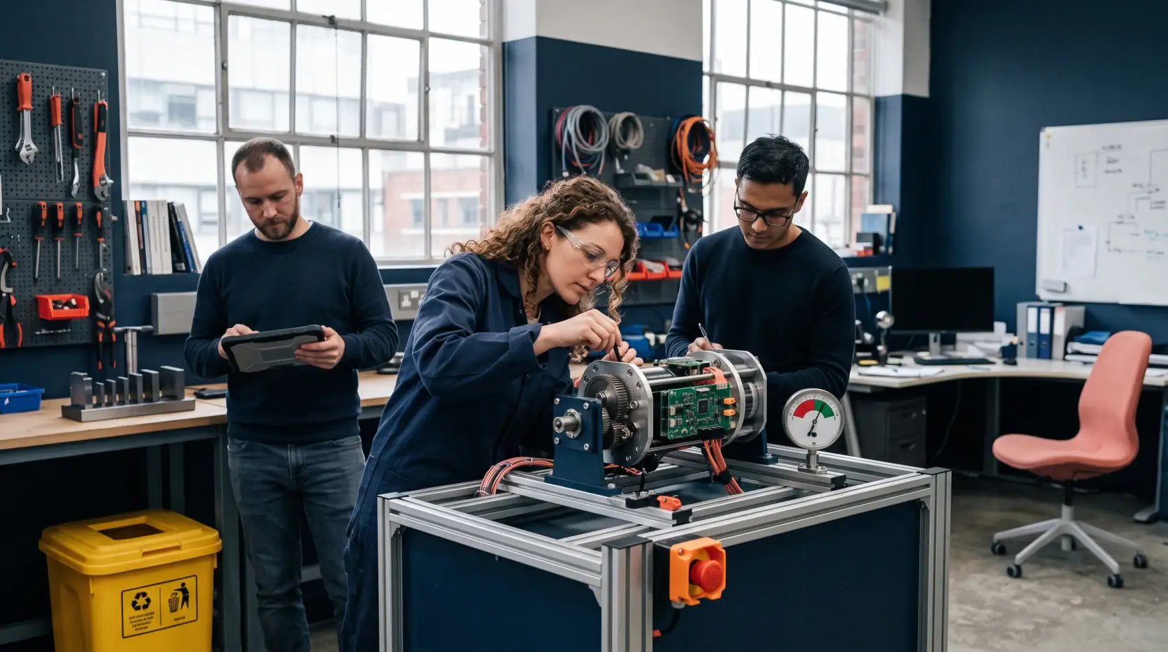 Technical team testing a prototype against a baseline and visible stop control