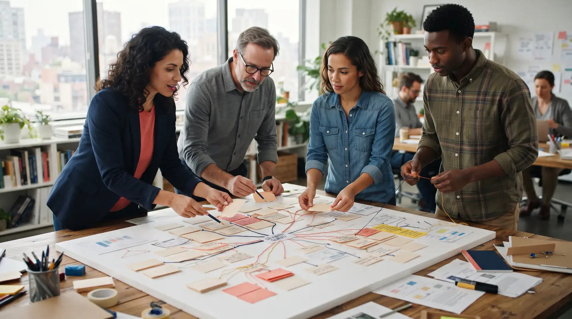 Search team arranging one evidence map around several related research questions