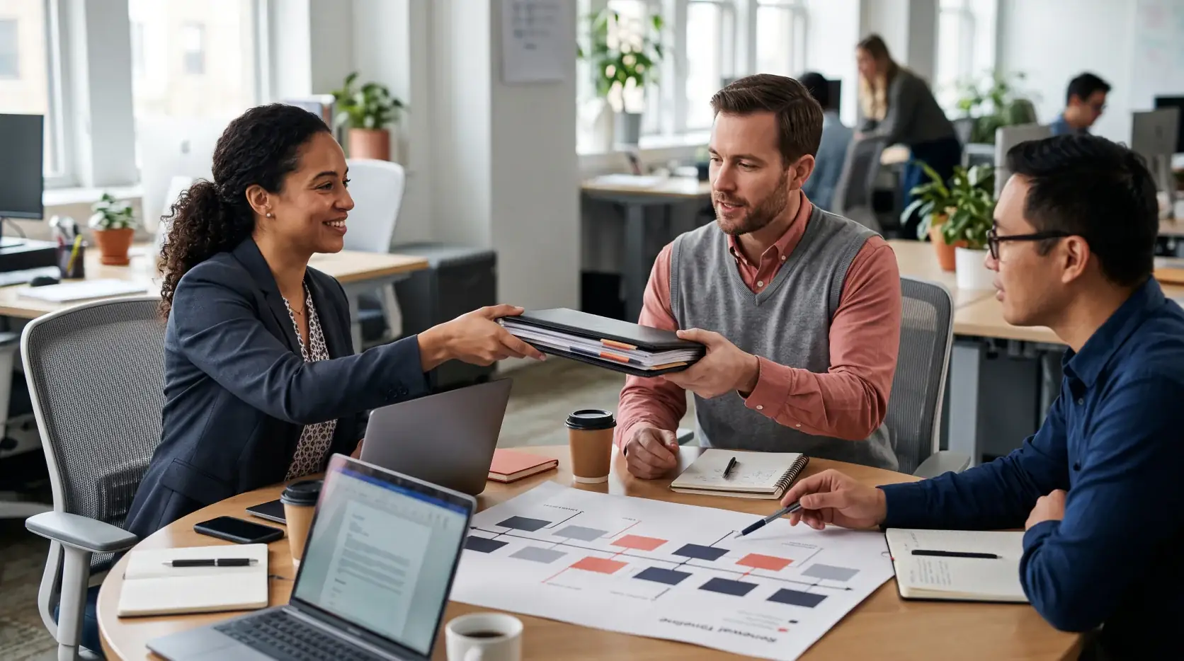 Sales, customer success, and finance colleagues handing over a renewal record