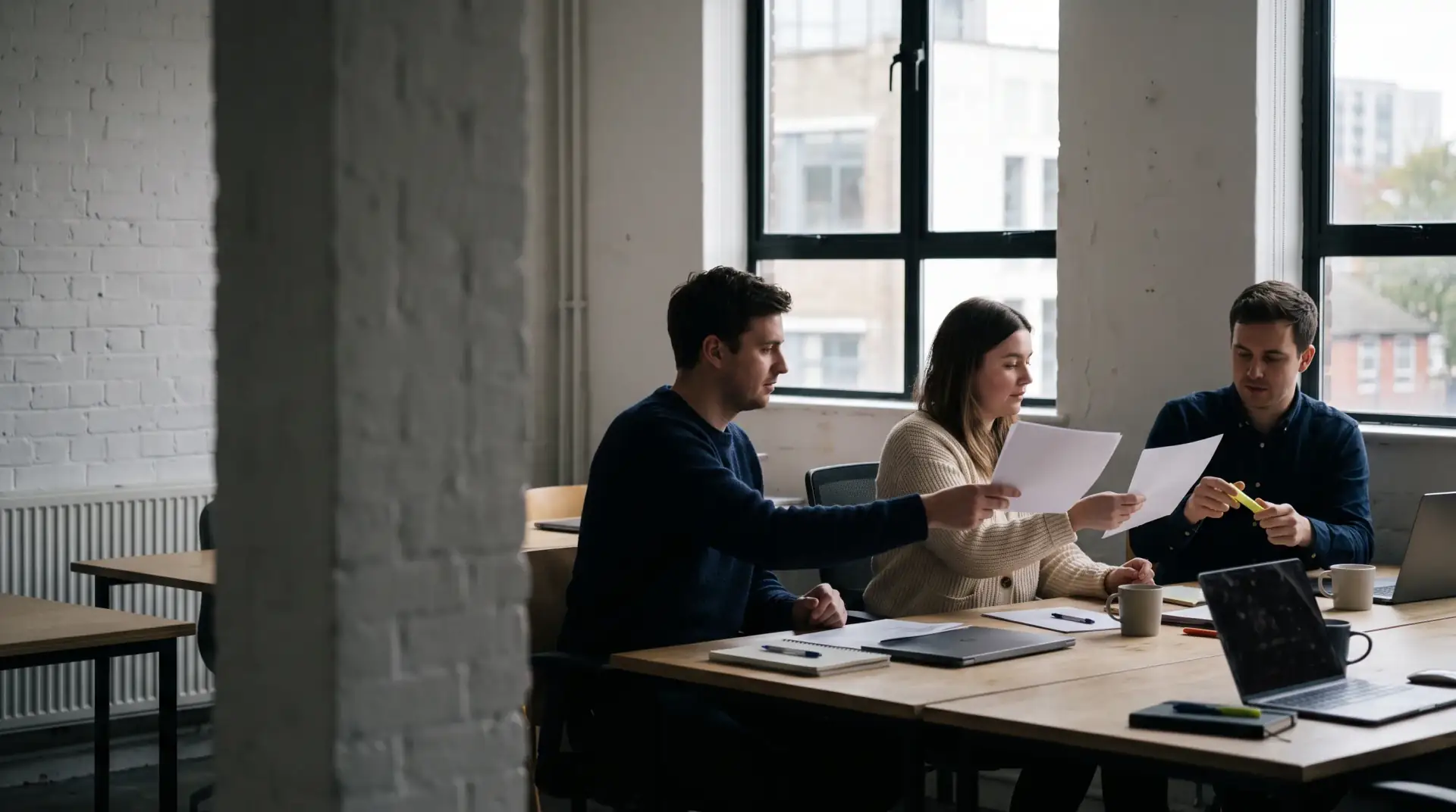 Search strategist reviewing evidence and source documents at a desk