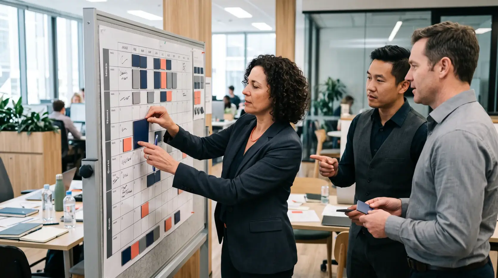 A planner marking a capacity grid on a whiteboard while two colleagues review it