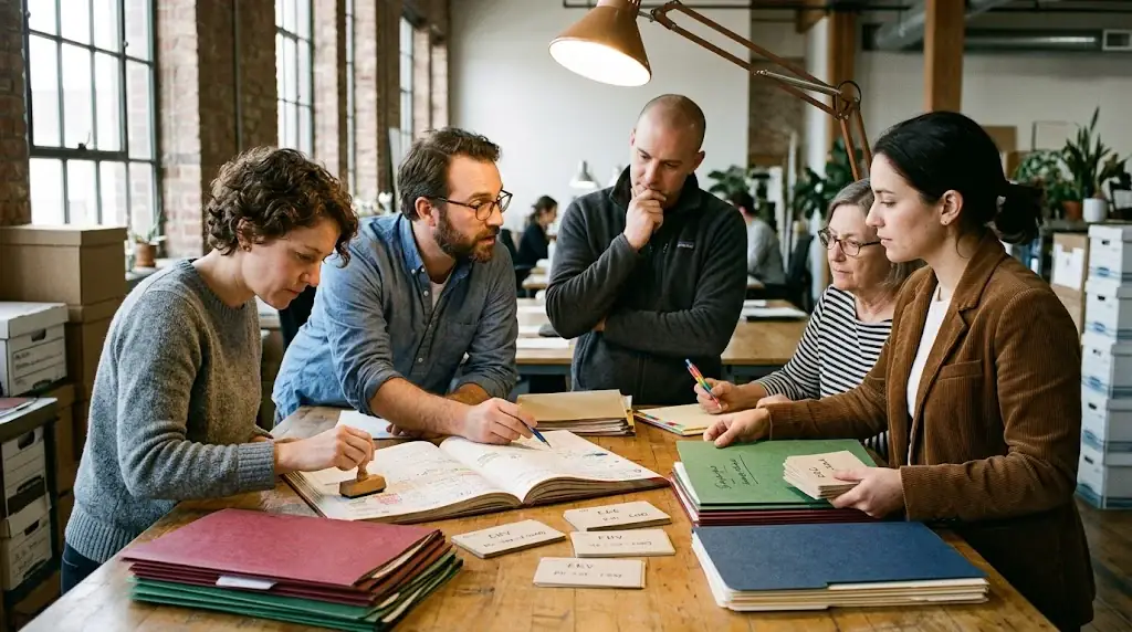 Cross-functional team reconciling event definitions and revenue records around a shared ledger
