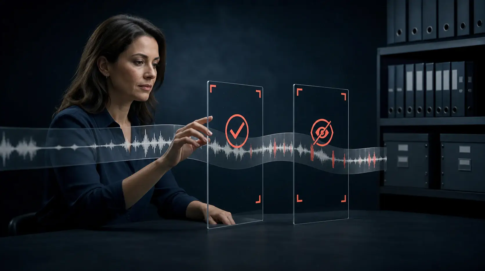 Privacy specialist passing an audio waveform through consent and redaction checkpoints