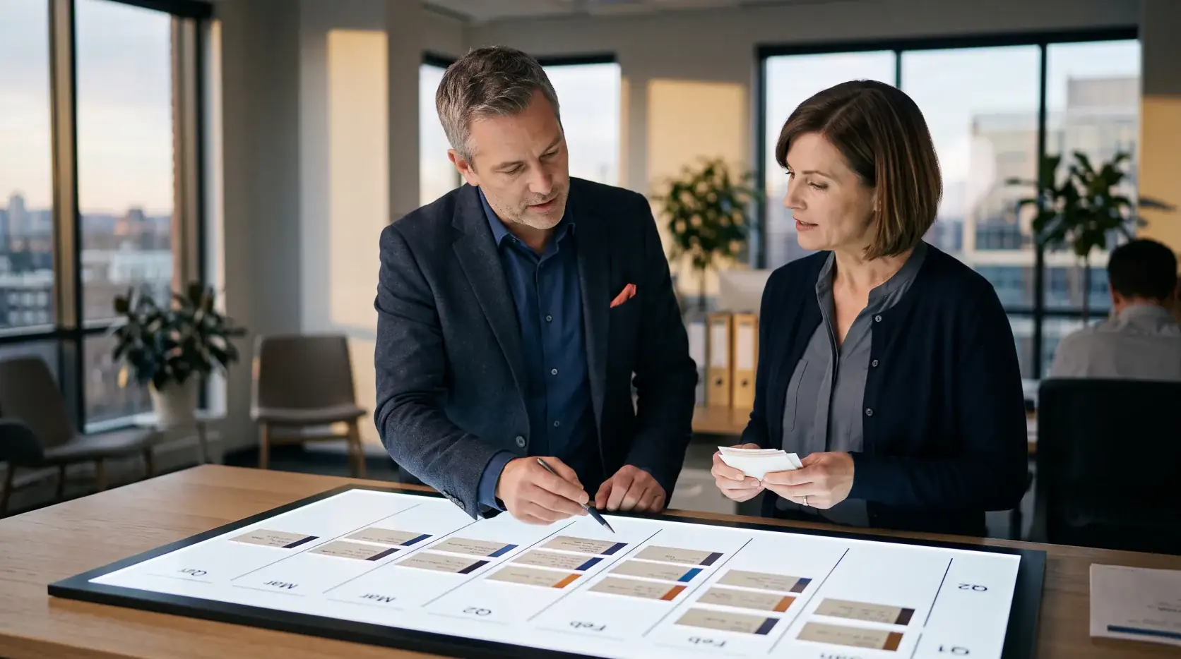 Sales and finance leaders reconciling forecast evidence on a light table