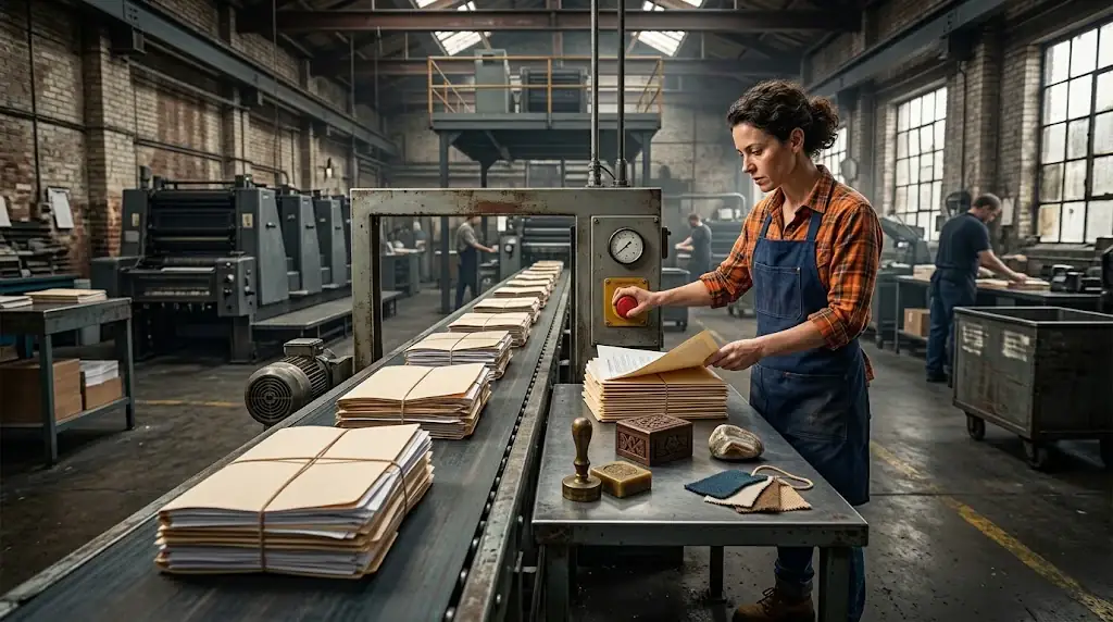 Editorial reviewers stopping an automated publishing queue at a physical quality gate