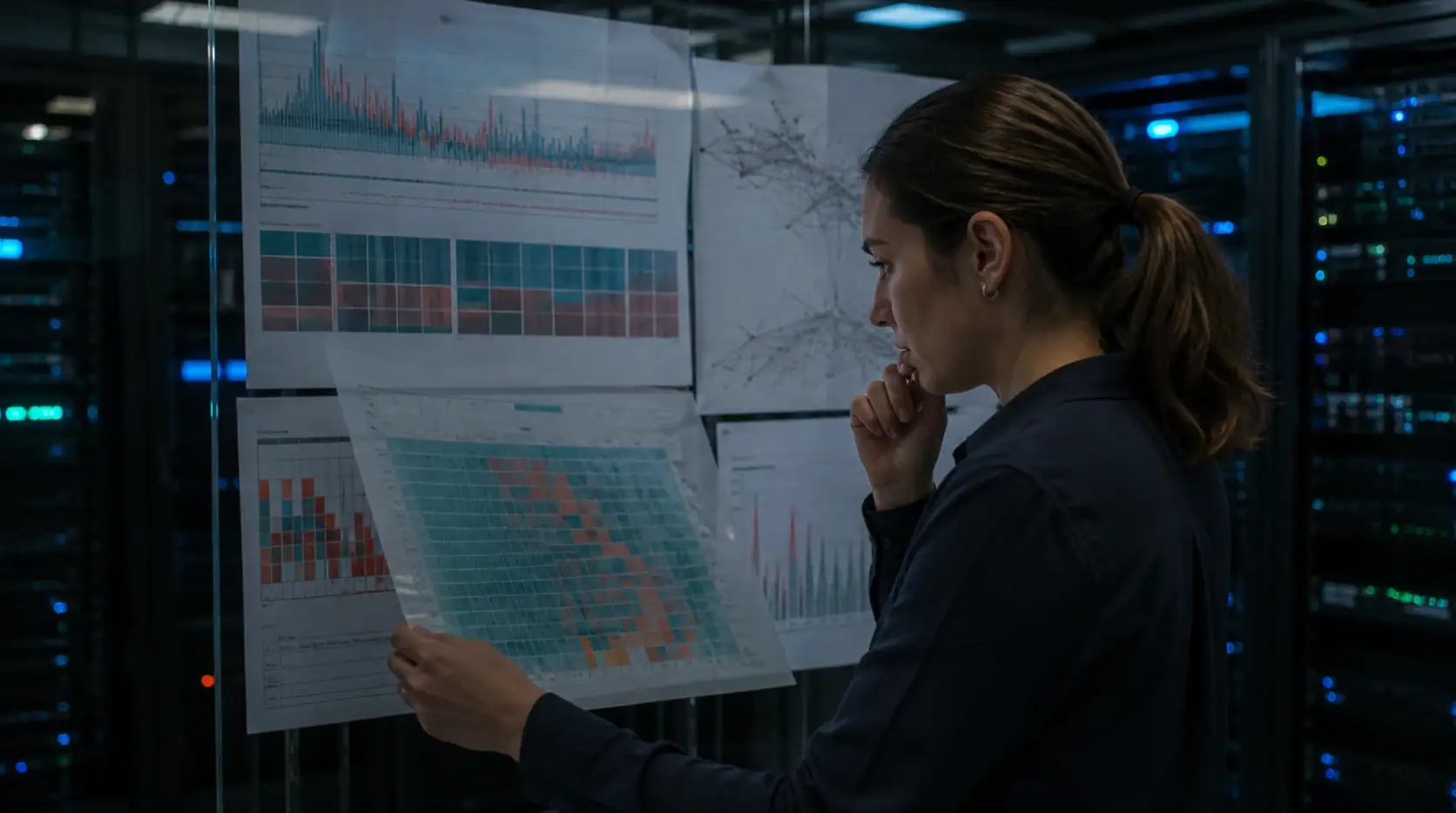 Search reliability analyst reviewing crawl timelines and response-code heatmaps in a server room