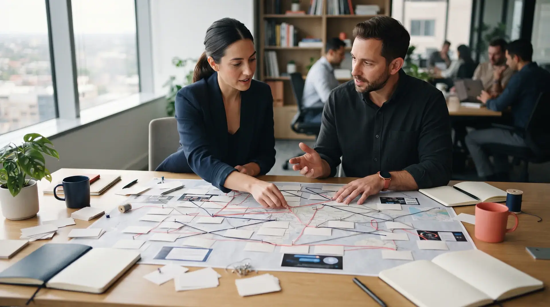 A strategist reviewing search and AI discovery research across a working table