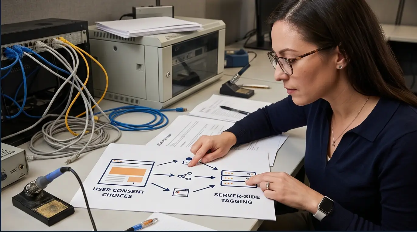 Measurement engineer tracing consent choices from a website to a controlled server container